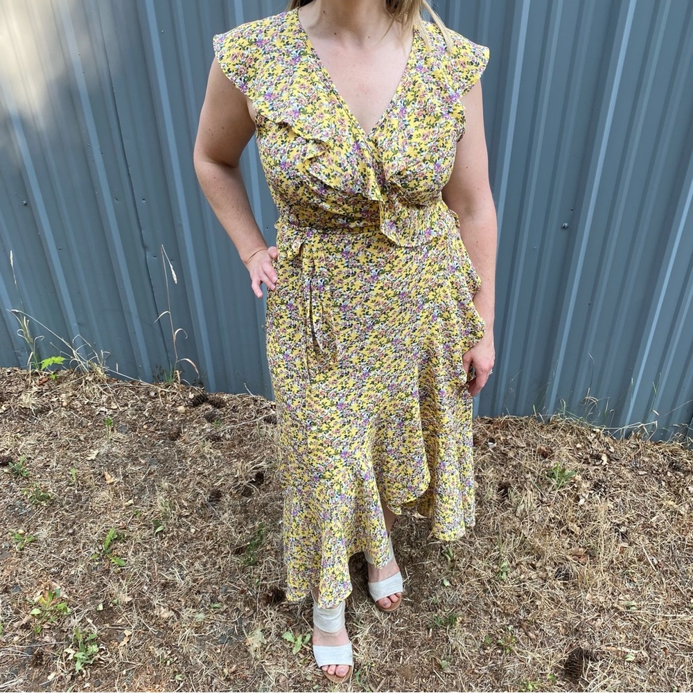 Max Studio Floral Wrap hi/lo Ruffle Dress - Size Large - Yellow